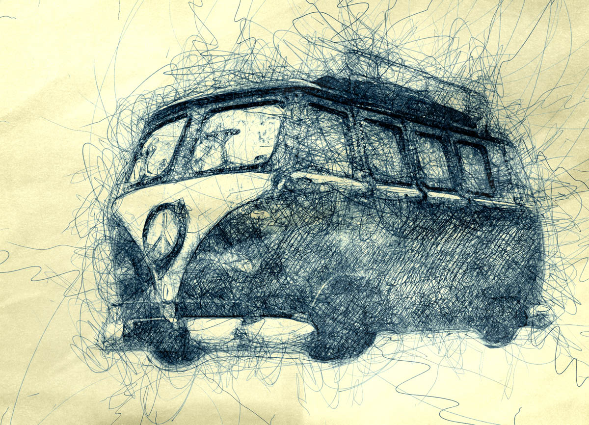 vw, bus, camper, draw, tekening 